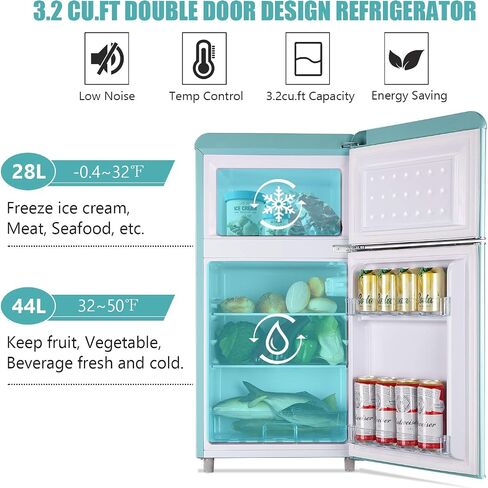 Compact Refrigerator 3.2 Cu.Ft WANAI Classic Retro Refrigerator 2 Door Mini Refrigerator Adjustable Remove Glass Shelves Refrigerator Suitable for Dorm Garage and Office in Saudi Arabia