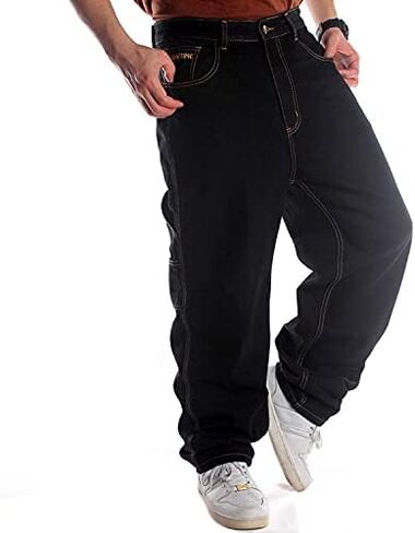 Ruiatoo Men's Baggy Jeans Classic Plain Loose Hip Hop Pants Dance Black Jeans Denim in Kuwait