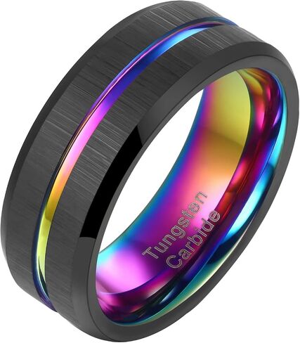SHELOVES 8mm Tungsten Ring Black Brushed Rainbow Camo Center Groove Mens Wedding Band High Polish 7-13 in Saudi Arabia