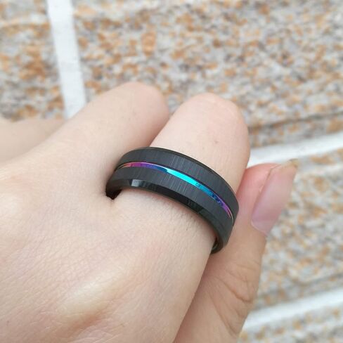 SHELOVES 8mm Tungsten Ring Black Brushed Rainbow Camo Center Groove Mens Wedding Band High Polish 7-13 in Saudi Arabia