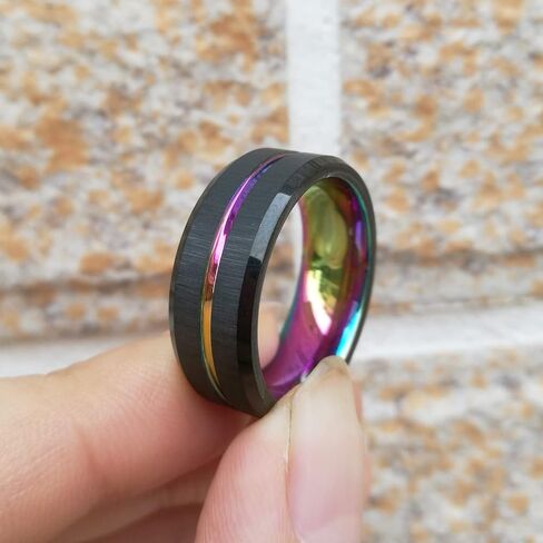 SHELOVES 8mm Tungsten Ring Black Brushed Rainbow Camo Center Groove Mens Wedding Band High Polish 7-13 in Saudi Arabia