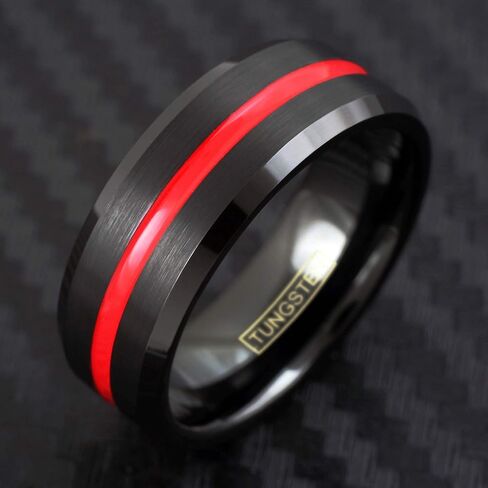 King's Cross Awesome 6mm/8mm Black Brushed Finish Tungsten Carbide Band Ring w/Fire Engine Red Recessed Enamel Stripe feat. Comfort Fit Inner Band. in Saudi Arabia