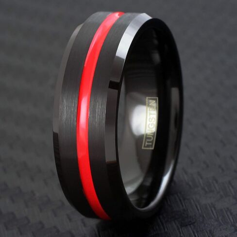 King's Cross Awesome 6mm/8mm Black Brushed Finish Tungsten Carbide Band Ring w/Fire Engine Red Recessed Enamel Stripe feat. Comfort Fit Inner Band. in Saudi Arabia