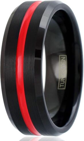 King's Cross Awesome 6mm/8mm Black Brushed Finish Tungsten Carbide Band Ring w/Fire Engine Red Recessed Enamel Stripe feat. Comfort Fit Inner Band. in Saudi Arabia