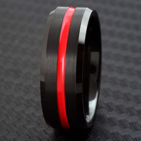 King's Cross Awesome 6mm/8mm Black Brushed Finish Tungsten Carbide Band Ring w/Fire Engine Red Recessed Enamel Stripe feat. Comfort Fit Inner Band. in Saudi Arabia