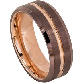 Men's 8mm 2 Tone Beveled Edge Wedding Band, Brown & Rose Gold Ion Plated Grooved Brushed Center High Polished Comfort Fit Tungsten Carbide Anniversary Ring s7.5 in Saudi Arabia