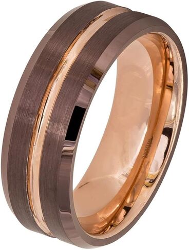 Men's 8mm 2 Tone Beveled Edge Wedding Band, Brown & Rose Gold Ion Plated Grooved Brushed Center High Polished Comfort Fit Tungsten Carbide Anniversary Ring s7.5 in Saudi Arabia
