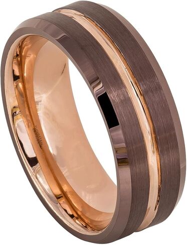 Men's 8mm 2 Tone Beveled Edge Wedding Band, Brown & Rose Gold Ion Plated Grooved Brushed Center High Polished Comfort Fit Tungsten Carbide Anniversary Ring s7.5 in Saudi Arabia
