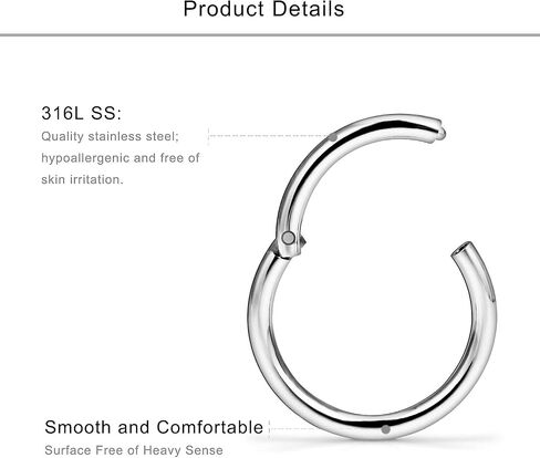 Lcolyoli 6Pcs 14G Surgical Steel Septum Clicker Ring Seamless Nipple Lip Nose Daith Cartilage Helix Tragus Hoop Sleeper Earring for Women Men 8mm-16mm in Saudi Arabia