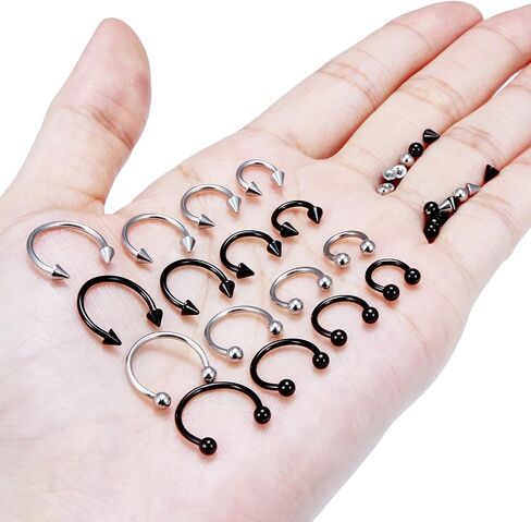 Lcolyoli 20G 16G 14G مجموعة متنوعة من مقاسات حلقات حدوة الحصان، حلقات حاجز الأنف الفولاذية الجراحية، حلقات الحاجب المبتسم، حلقات الشفاه الزنمة، حلق Daith Helix ثقب المجوهرات للنساء والرجال 6-12 مم in Kuwait