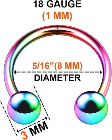 KJM FASHION 6PCS Anodized Rainbow Horseshoe Earrings 18g 5/16 8mm 3mm Ball Cartilage Septum Lip Earrings Tragus Piercing Jewelry 6534 in Saudi Arabia