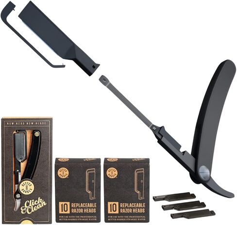 Straight Edge Razor for Men with 20+1 Easy to Use Disposable Blade Heads, Patented Shaving Razor Handle for Beard and Hair, Black Handle in Saudi Arabia
