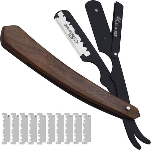 Professional Barber Straight Edge Razor - Salon Hair Cut Stainless Steel Safety Blade for Close Shaving, Navalha De Barbeiro (with 10 single edge sharp blades) (Wooden handle) in Saudi Arabia