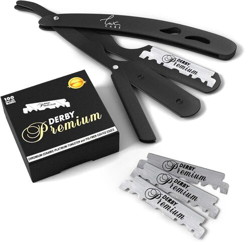 ماكينة حلاقة احترافية كلاسيكية بحافة مستقيمة - ماكينة حلاقة احترافية مع مستوى H وقبضة - ماكينة حلاقة مستقيمة ستانلس ستيل عالية السرعة للرجال مع 100 شفرة ديربي - حلاقة احترافية in Kuwait