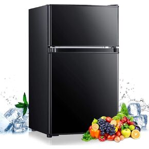 DSF Mini Fridge with Freezer, 3.2 Cu.Ft Mini Refrigerator, 2 Door, 37DB Low Noise, Engery Saving with LED Light, Low-frost Mini Fridge for Bedroom, Office, Dorm, RV, Apartment, Black- MPBFD321 in Kuwait