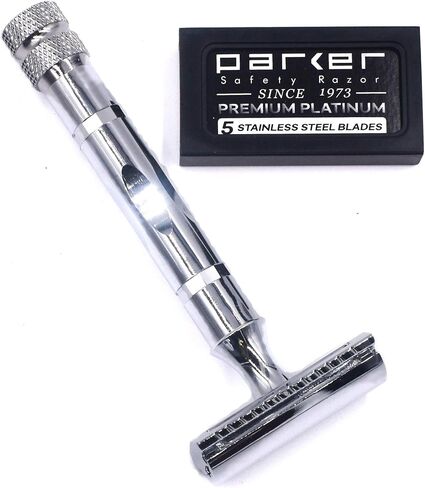 Parker 89R Super Heavy Weight Double Edge Safety Razor with 5 Premium Platinum Parker Double Edge Razor Blades – 3-Piece Men’s Razor – Brass and Nickel Plated for Quality Shaves at Home in Saudi Arabia