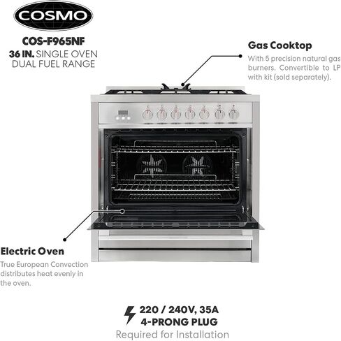 COSMO COS-F965NF 36 بوصة. نطاق وقود مزدوج مع 5 شعلات غاز، فرن حراري كهربائي بسعة 3.8 متر مكعب. سعة قدم، 8 وظائف، جزء داخلي من البورسلين الأسود من الفولاذ المقاوم للصدأ in Saudi Arabia