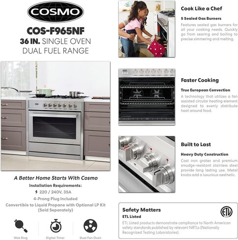 COSMO COS-F965NF 36 بوصة. نطاق وقود مزدوج مع 5 شعلات غاز، فرن حراري كهربائي بسعة 3.8 متر مكعب. سعة قدم، 8 وظائف، جزء داخلي من البورسلين الأسود من الفولاذ المقاوم للصدأ in Saudi Arabia