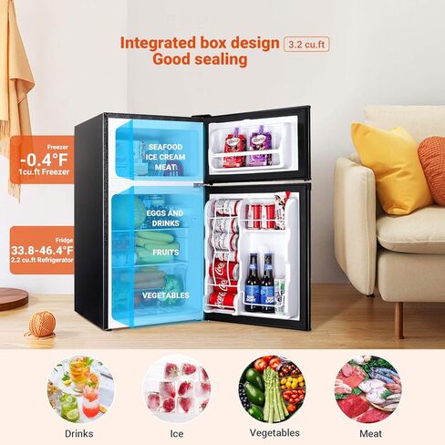 DSF Mini Fridge with Freezer, 3.2 Cu.Ft Mini Refrigerator, 2 Door, 37DB Low Noise, Engery Saving with LED Light, Low-frost Mini Fridge for Bedroom, Office, Dorm, RV, Apartment, Black- MPBFD321 in Kuwait
