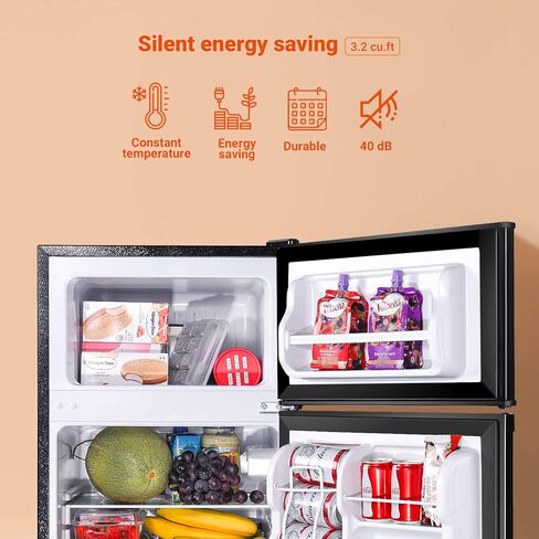 DSF Mini Fridge with Freezer, 3.2 Cu.Ft Mini Refrigerator, 2 Door, 37DB Low Noise, Engery Saving with LED Light, Low-frost Mini Fridge for Bedroom, Office, Dorm, RV, Apartment, Black- MPBFD321 in Kuwait