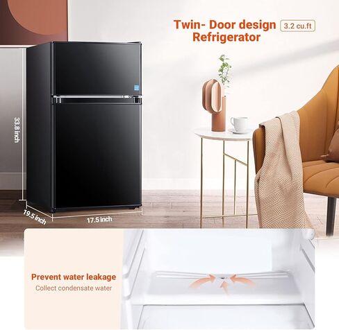 DSF Mini Fridge with Freezer, 3.2 Cu.Ft Mini Refrigerator, 2 Door, 37DB Low Noise, Engery Saving with LED Light, Low-frost Mini Fridge for Bedroom, Office, Dorm, RV, Apartment, Black- MPBFD321 in Kuwait