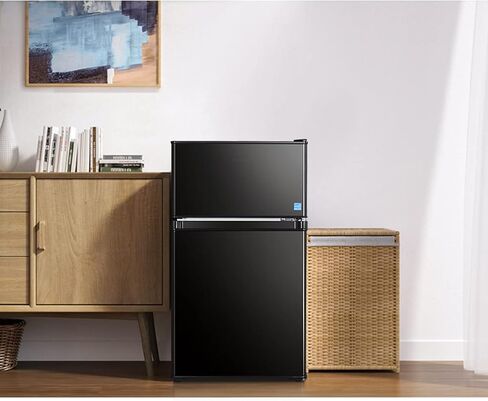 DSF Mini Fridge with Freezer, 3.2 Cu.Ft Mini Refrigerator, 2 Door, 37DB Low Noise, Engery Saving with LED Light, Low-frost Mini Fridge for Bedroom, Office, Dorm, RV, Apartment, Black- MPBFD321 in Kuwait