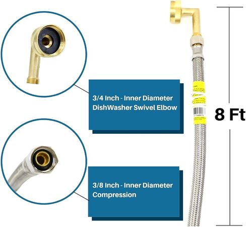 CMI Inc Stainless Steel Braided Dishwasher Connector 8 Ft with Swivel Elbow, Dishwasher Supply Line, 3/8" X 3/8" Compression with 3/4" Female Hose Thread Connect, 96 Inches in Saudi Arabia