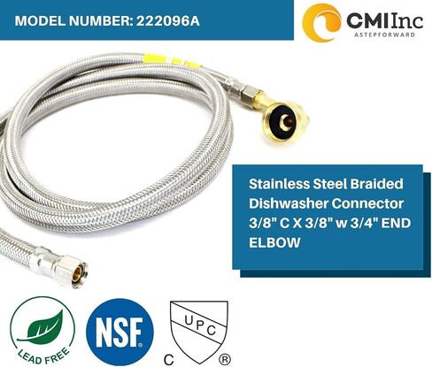 CMI Inc Stainless Steel Braided Dishwasher Connector 8 Ft with Swivel Elbow, Dishwasher Supply Line, 3/8" X 3/8" Compression with 3/4" Female Hose Thread Connect, 96 Inches in Saudi Arabia