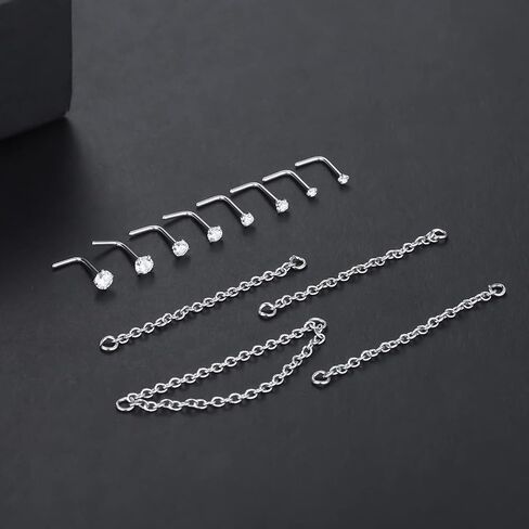 Xpircn 12PCS Nose Chain Piercing CZ Nostril Piercing Jewelry 20G Stainless Steel L Shaped Bone Pin Nose Ring Studs Nose Piercing Jewelry in Saudi Arabia