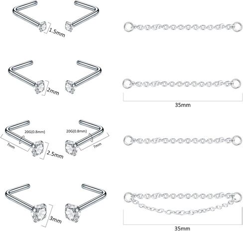 Xpircn 12PCS Nose Chain Piercing CZ Nostril Piercing Jewelry 20G Stainless Steel L Shaped Bone Pin Nose Ring Studs Nose Piercing Jewelry in Saudi Arabia