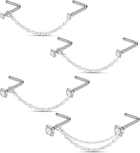 Xpircn 12PCS Nose Chain Piercing CZ Nostril Piercing Jewelry 20G Stainless Steel L Shaped Bone Pin Nose Ring Studs Nose Piercing Jewelry in Saudi Arabia