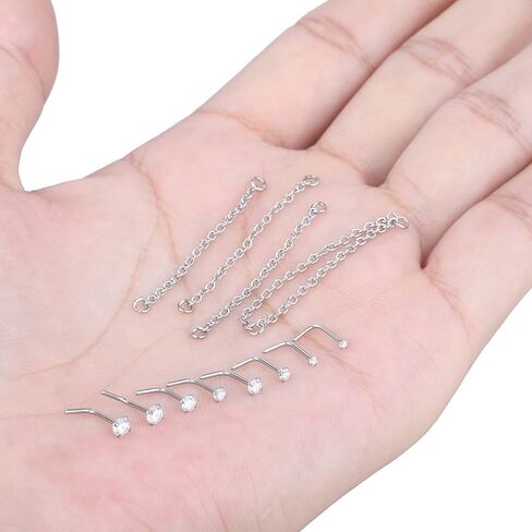 Xpircn 12PCS Nose Chain Piercing CZ Nostril Piercing Jewelry 20G Stainless Steel L Shaped Bone Pin Nose Ring Studs Nose Piercing Jewelry in Saudi Arabia