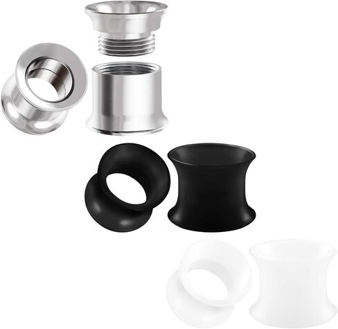 BIG GAUGES 3 Pairs Black White Silicone Steel Double Flared Saddle Piercing Stretcher Ear Plugs Earring Lobe Internal Screw Flesh Tunnel in Kuwait