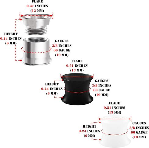 BIG GAUGES 3 Pairs Black White Silicone Steel Double Flared Saddle Piercing Stretcher Ear Plugs Earring Lobe Internal Screw Flesh Tunnel in Kuwait
