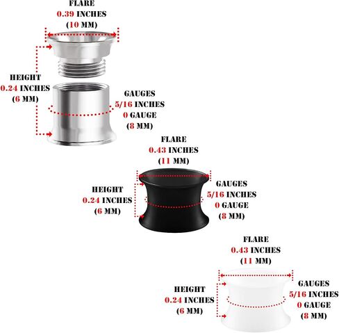 BIG GAUGES 3 Pairs Black White Silicone Steel Double Flared Saddle Piercing Stretcher Ear Plugs Earring Lobe Internal Screw Flesh Tunnel in Kuwait