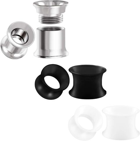 BIG GAUGES 3 Pairs Black White Silicone Steel Double Flared Saddle Piercing Stretcher Ear Plugs Earring Lobe Internal Screw Flesh Tunnel in Kuwait