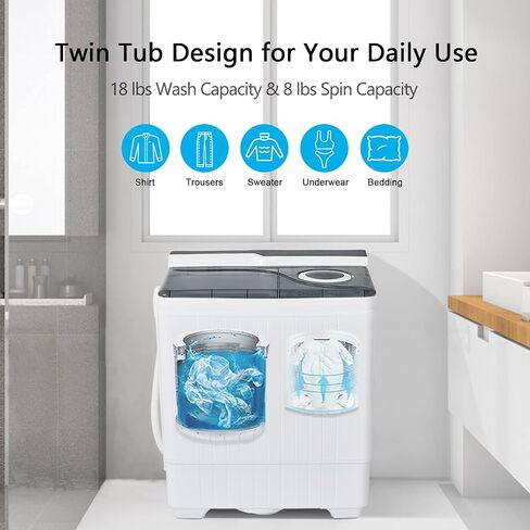 COSTWAY Portable Washing Machine, Twin Tub 26Lbs Capacity, Washer(18Lbs) and Spinner(8Lbs), Compact Laundry Machine with Control Knobs, Timer Function, Drain Pump, Laundry washer for Apartment, RV, Grey in Saudi Arabia