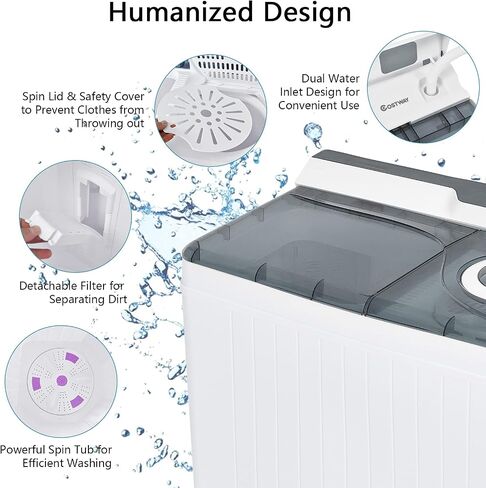 COSTWAY Portable Washing Machine, Twin Tub 26Lbs Capacity, Washer(18Lbs) and Spinner(8Lbs), Compact Laundry Machine with Control Knobs, Timer Function, Drain Pump, Laundry washer for Apartment, RV, Grey in Saudi Arabia
