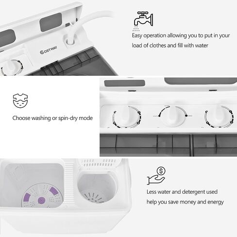 COSTWAY Portable Washing Machine, Twin Tub 26Lbs Capacity, Washer(18Lbs) and Spinner(8Lbs), Compact Laundry Machine with Control Knobs, Timer Function, Drain Pump, Laundry washer for Apartment, RV, Grey in Saudi Arabia