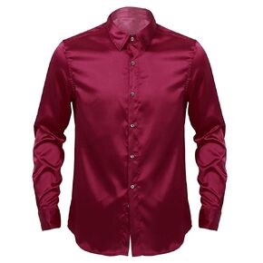 QinCiao Men's Satin Luxury Dress Shirts Silk Smooth Tuxedo Shirt Slim Fit Party Casual Shirt Wine Red Medium in Saudi Arabia