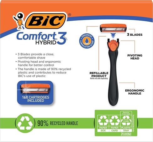 BIC Comfort 3 Hybrid Disposable Razors for Men, 1 Handle and 16 Cartridges With 3 Blades, 17 Piece Razor Kit for Men in Saudi Arabia