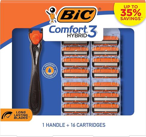 BIC Comfort 3 Hybrid Disposable Razors for Men, 1 Handle and 16 Cartridges With 3 Blades, 17 Piece Razor Kit for Men in Saudi Arabia