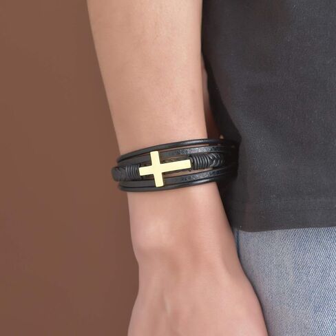 COLORFUL BLING Multi-Strand Braided Leather Stainless Steel Cross Cuff Bangle Men Religious Magnetic Clasp Faith Bracelet Wristband Jewelry in Kuwait
