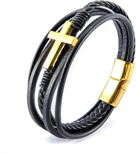 COLORFUL BLING Multi-Strand Braided Leather Stainless Steel Cross Cuff Bangle Men Religious Magnetic Clasp Faith Bracelet Wristband Jewelry in Kuwait