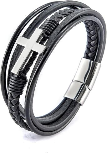 COLORFUL BLING Multi-Strand Braided Leather Stainless Steel Cross Cuff Bangle Men Religious Magnetic Clasp Faith Bracelet Wristband Jewelry in Kuwait
