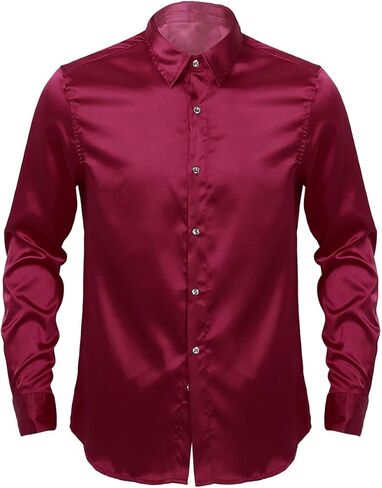 QinCiao Men's Satin Luxury Dress Shirts Silk Smooth Tuxedo Shirt Slim Fit Party Casual Shirt Wine Red Medium in Saudi Arabia