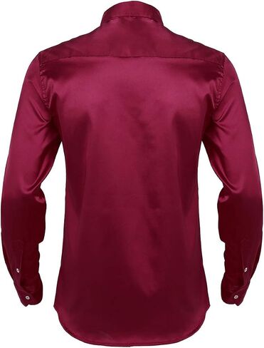 QinCiao Men's Satin Luxury Dress Shirts Silk Smooth Tuxedo Shirt Slim Fit Party Casual Shirt Wine Red Medium in Saudi Arabia