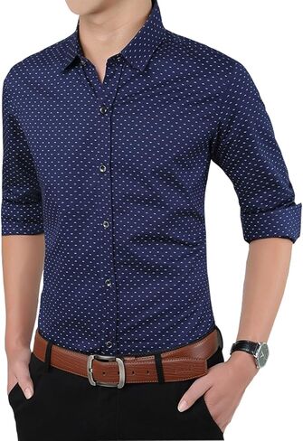 XTAPAN Men's Long Short Sleeve Casual Slim Fit Cotton Fashion Button Down Dress Shirt in Kuwait