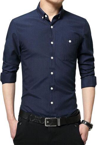XTAPAN Men's Long Short Sleeve Casual Slim Fit Cotton Fashion Button Down Dress Shirt in Kuwait