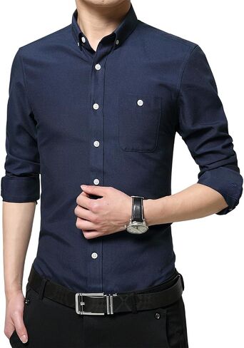 XTAPAN Men's Long Short Sleeve Casual Slim Fit Cotton Fashion Button Down Dress Shirt in Kuwait
